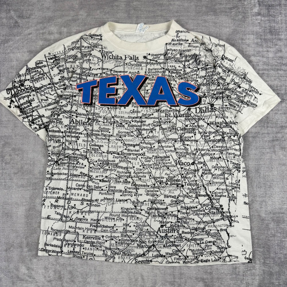 Texas Shirt Mens Large White Vintage 90s Sun Sportswear Map All Over Print USA